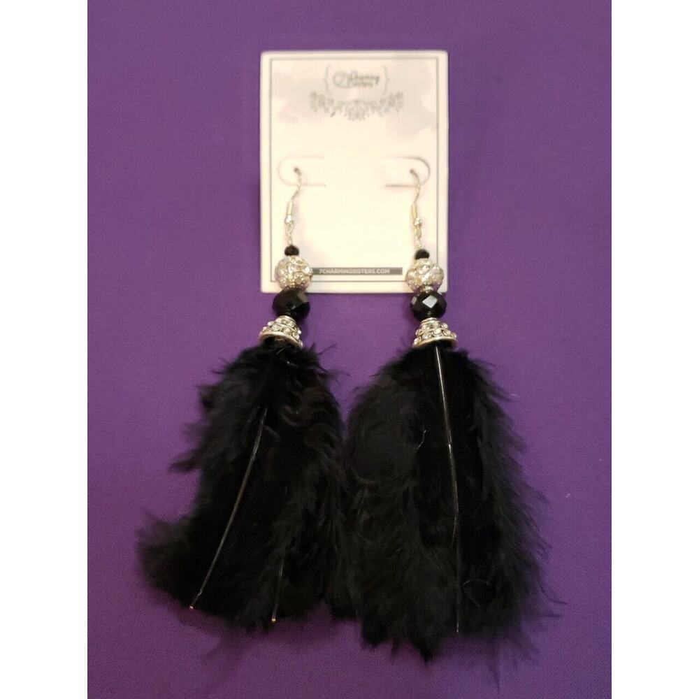 Long Black Feather Dangle Earrings Clear Rhinestone Crystal Ball Silver Tone
